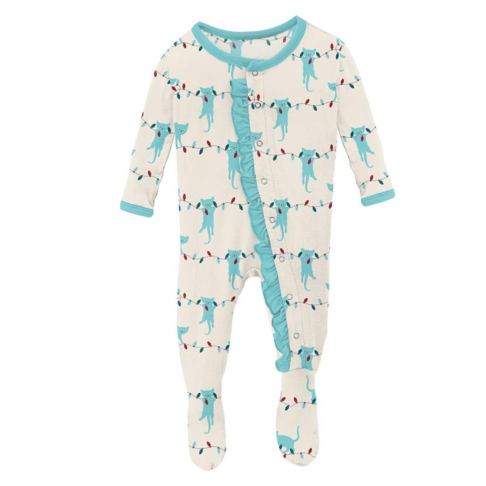 NEW KICKEE kids' ruffle footie with snaps in natural tangled kittens